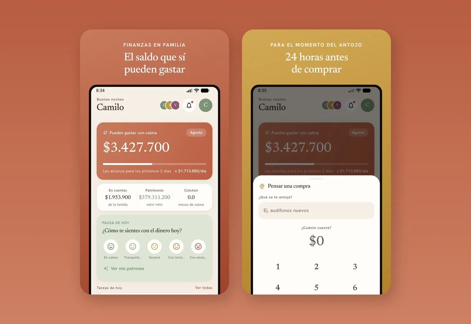Dos pantallas de la app Manada: el saldo que sí pueden gastar y la pausa de 24 horas antes de comprar