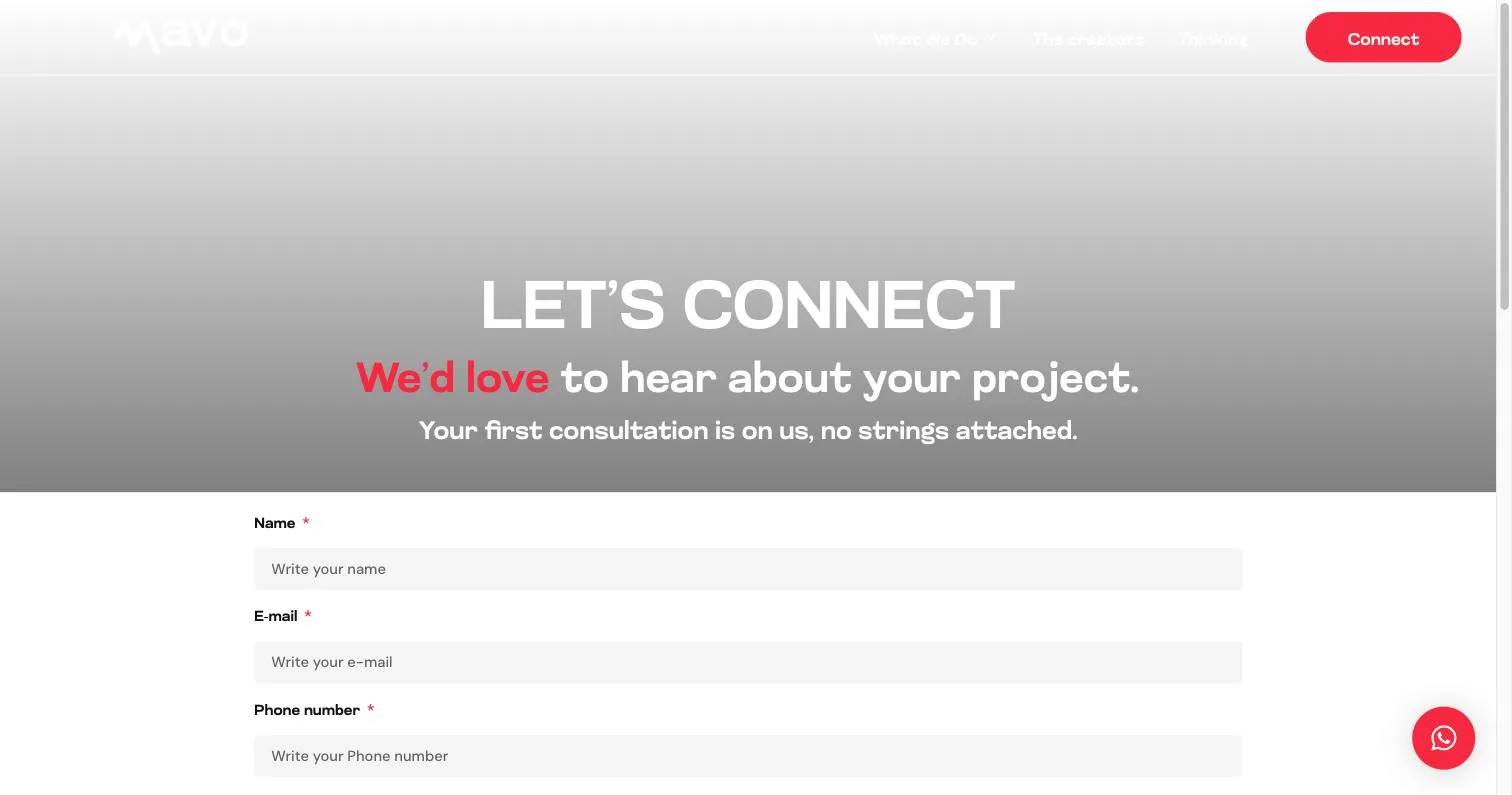 Página Connect del sitio de The Mavo Group, con el formulario de contacto y los campos de nombre, correo y teléfono