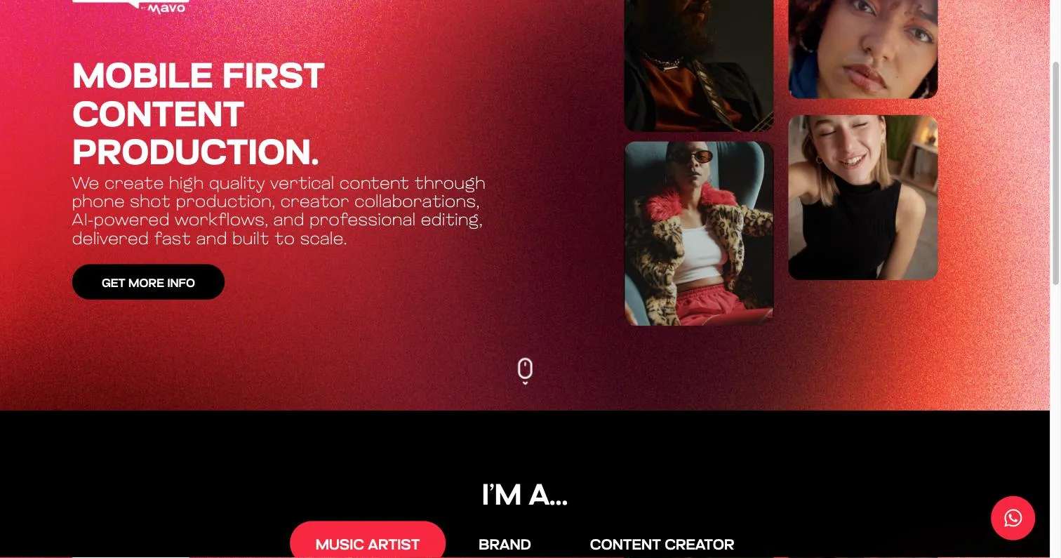 Portada de Creators by Mavo, con el titular «Mobile first content production» sobre un degradado rojo y cuatro tarjetas verticales de creadores