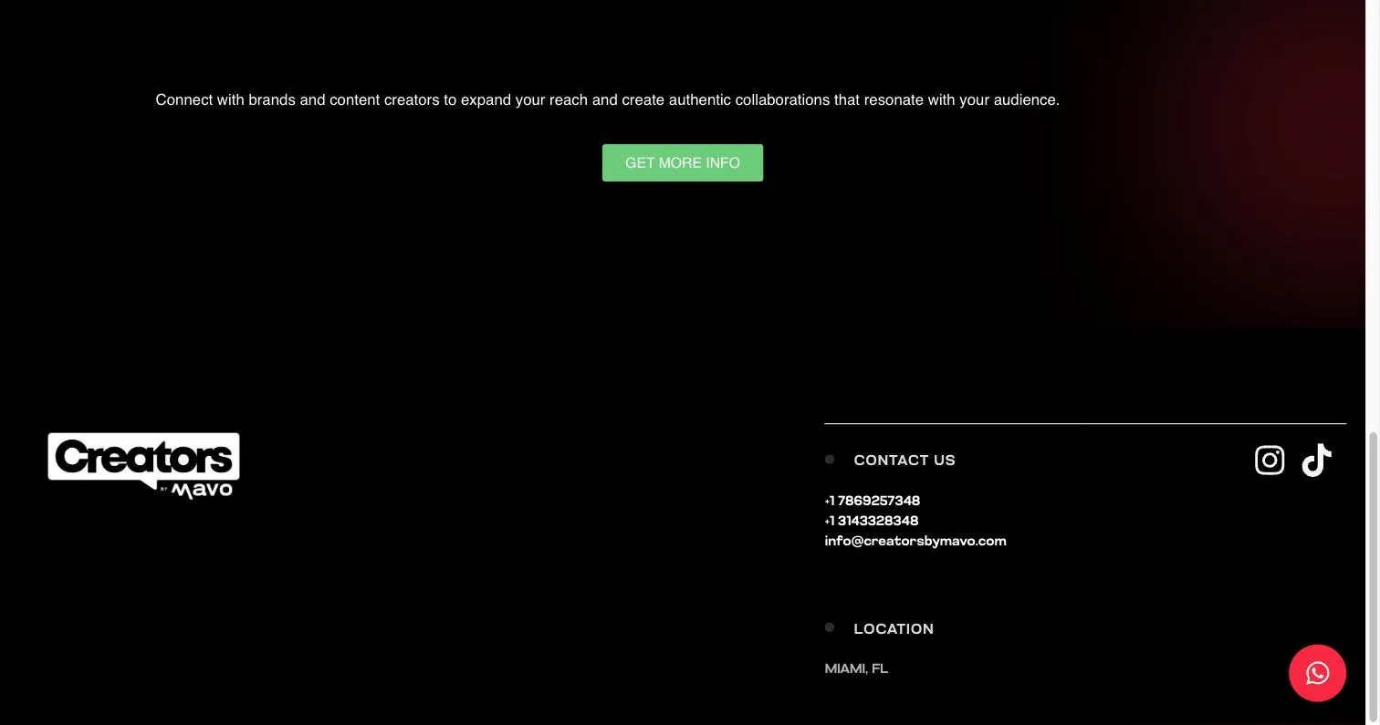 Pie de Creators by Mavo con su logotipo propio, su correo de contacto y sus cuentas de Instagram y TikTok