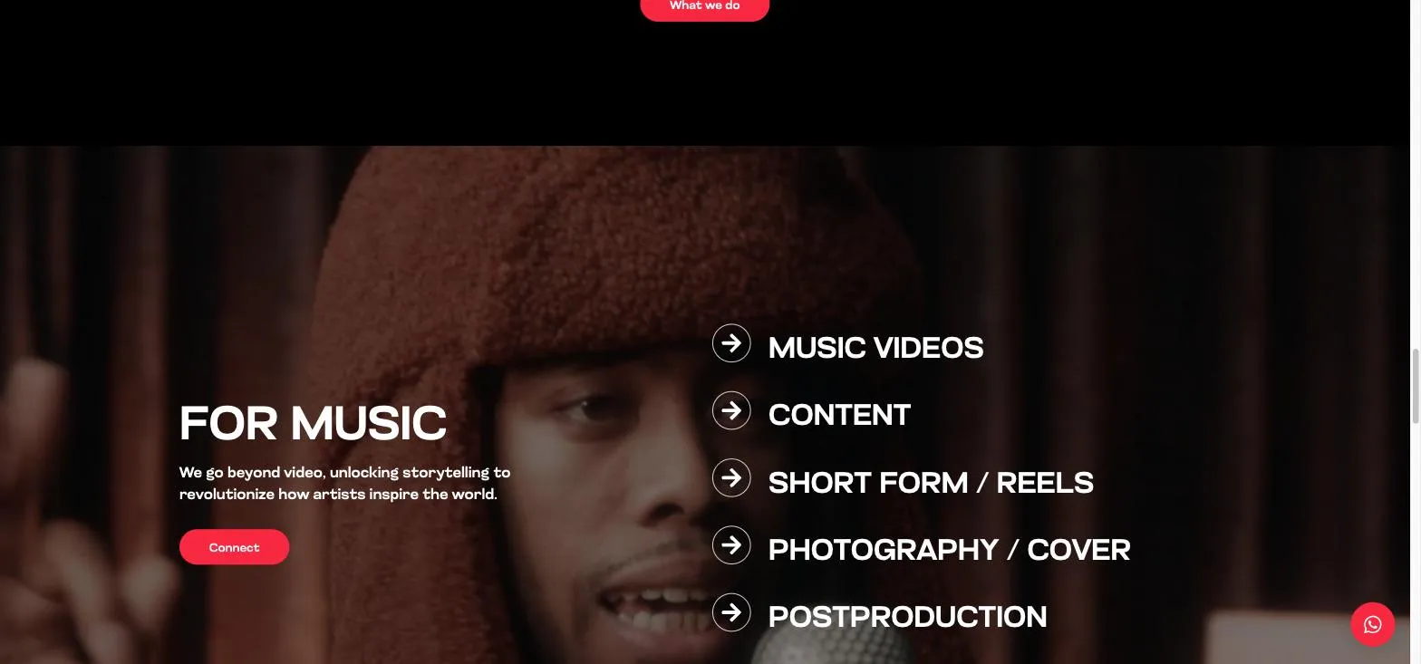 Sección «For music» del sitio de The Mavo Group, con los cinco servicios para artistas listados sobre un fotograma de un artista frente a un micrófono
