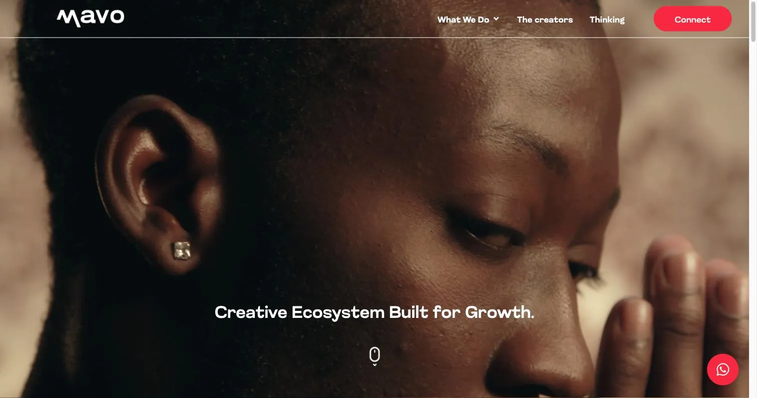 Portada de themavogroup.com, con el video a pantalla completa y el titular «Creative Ecosystem Built for Growth»