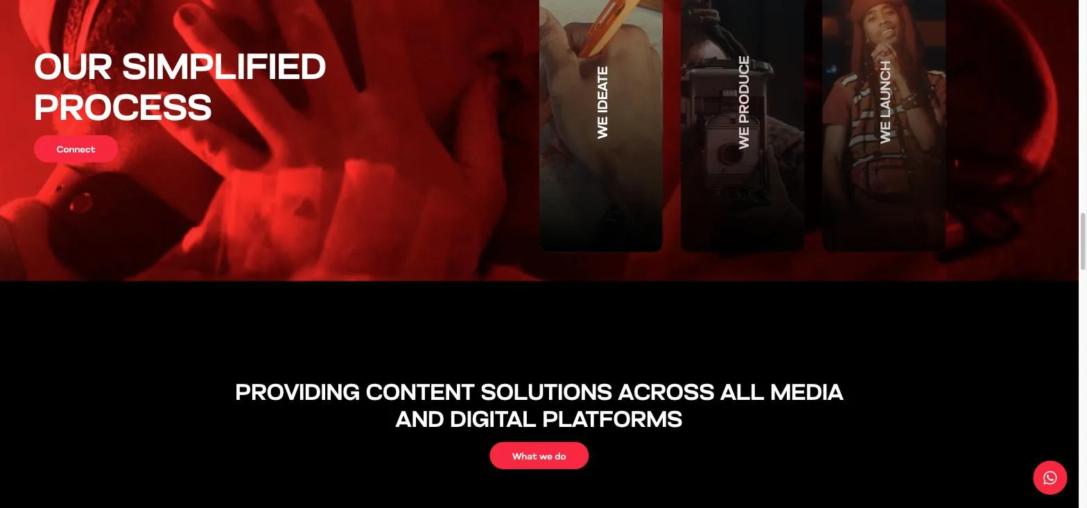 Sección «Our simplified process» del sitio de The Mavo Group, con tres tarjetas verticales rotuladas We ideate, We produce y We launch sobre un fondo rojo