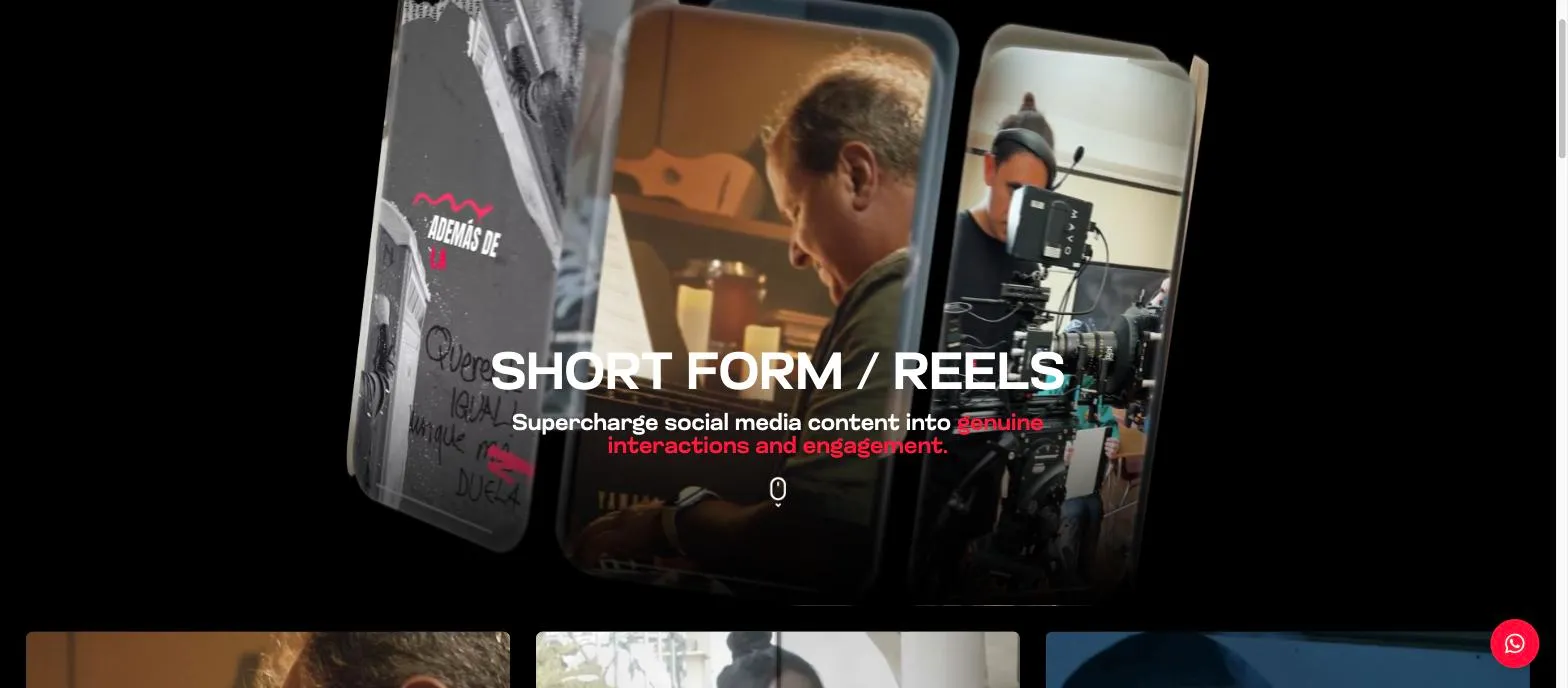 Página «Short form / Reels» de The Mavo Group, con tres teléfonos en perspectiva reproduciendo contenido vertical