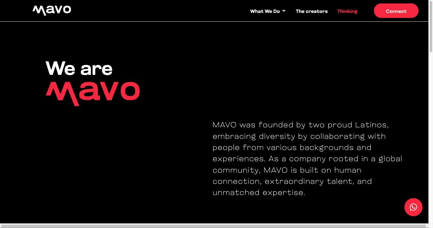 Página Thinking del sitio de The Mavo Group, con el titular «We are Mavo» y el párrafo sobre los dos fundadores latinos