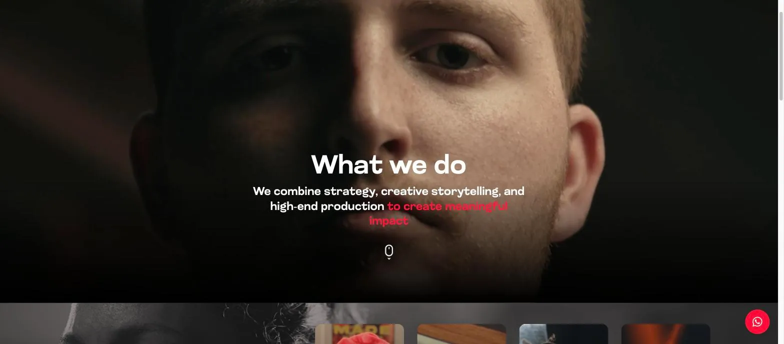 Página «What we do» de The Mavo Group, con el titular sobre un primer plano en video y las piezas del portafolio empezando abajo