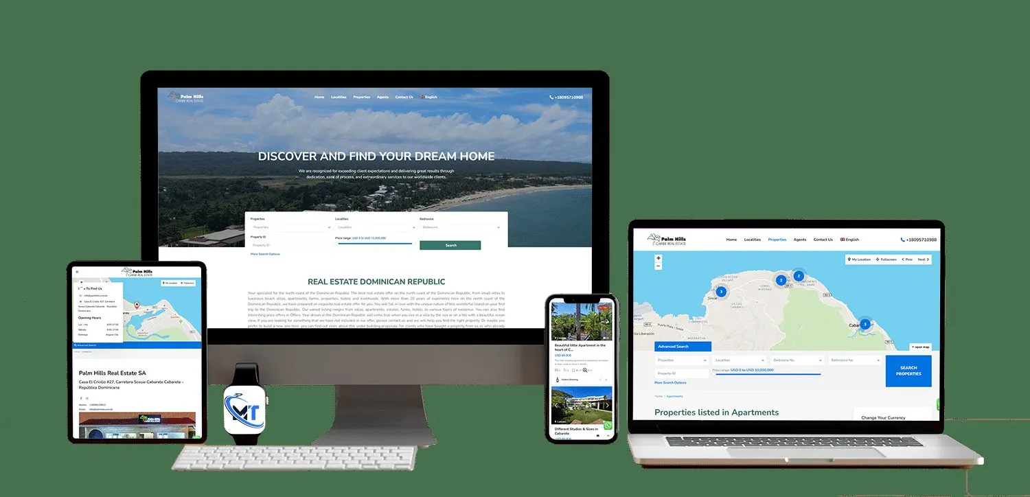 Portal de Palm Hills Caribe Real Estate en computador, portátil, tableta y teléfono