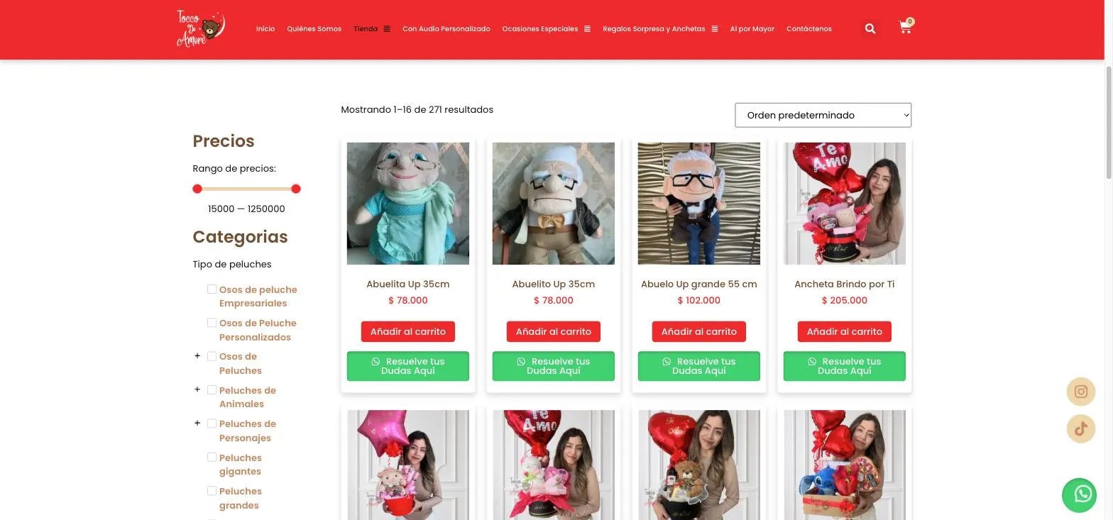 Página de tienda con 271 productos, filtros por rango de precio y por categoría