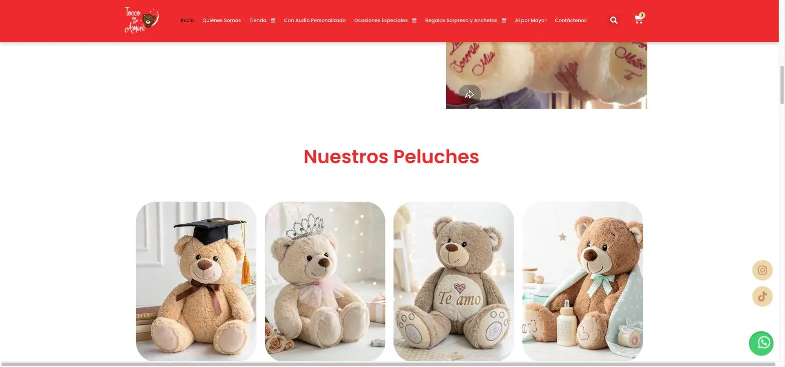Rejilla de categorías de peluches de la tienda, con fotografía de producto en cada tarjeta