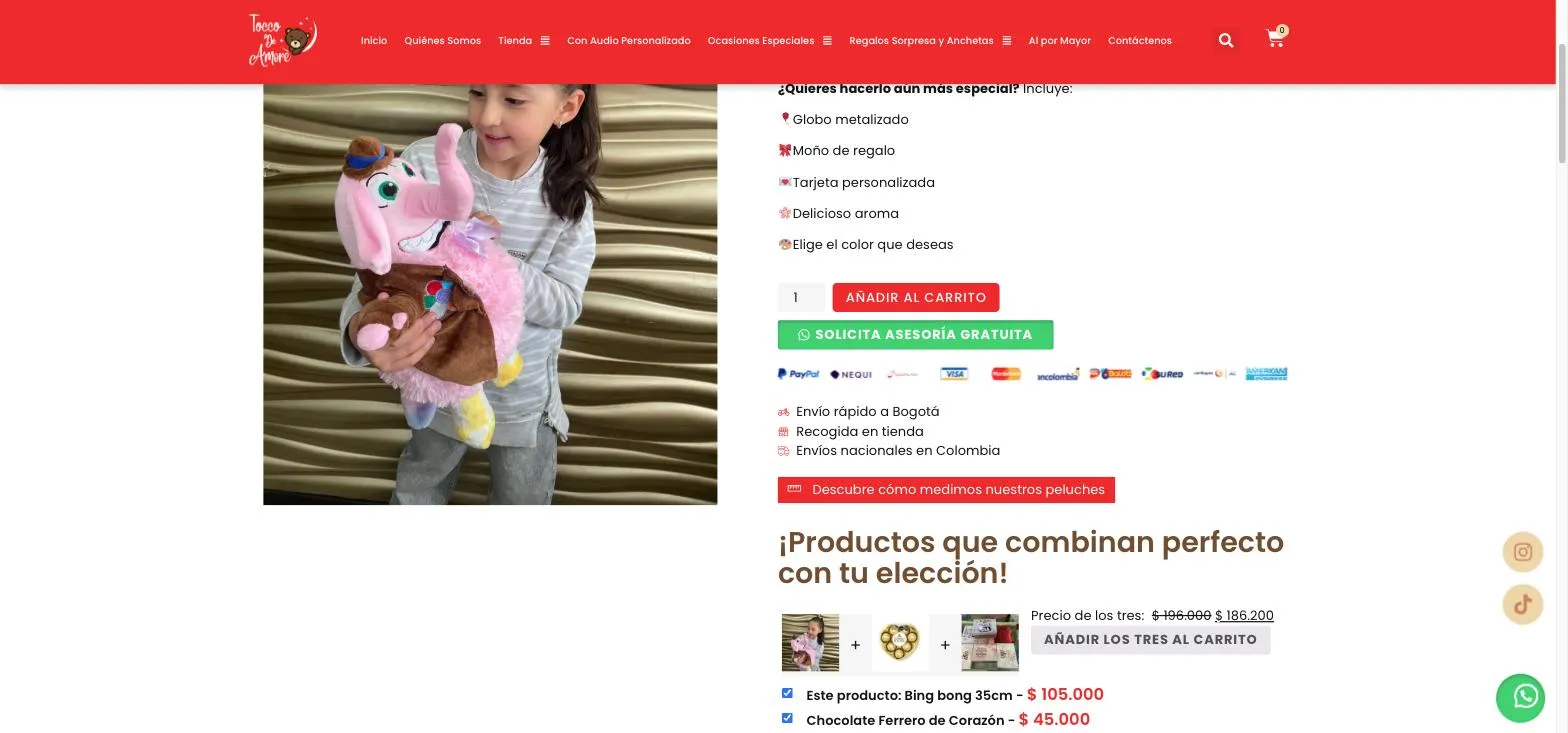 Ficha de producto con medios de pago, opciones de envío, asesoría por WhatsApp y un combo de productos relacionados
